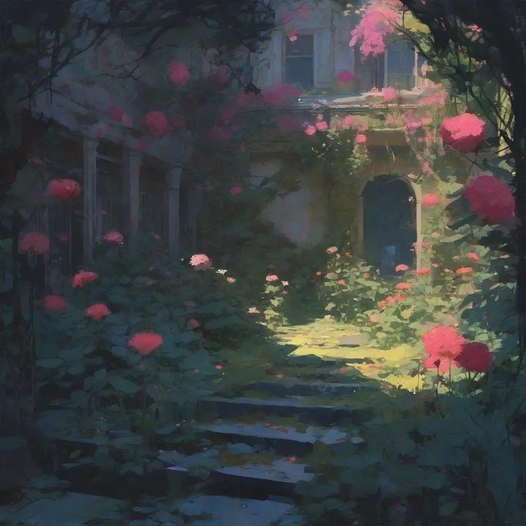 Prompt: illustration, abandoned garden, secret garden, nature, colorful, grunge, atey ghailan, Art by Jock,  pino daeni , art by lois van baarle and loish and ross tran , Charles Vess, Chiho Aoshima , Kay Nielsen, dark ambient, chiaroscuro, Simon Bisley, and H.R. Giger. insist artstation, art by stanley artgerm, painting by daniel f gerhartz,  art by Andrew Atroshenko, 

