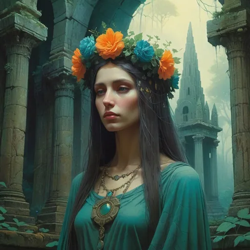Prompt: close up of a lonely priestess with a flower crown among palatial ruins of a forest temple cathedral, dreamy, pagan, dark fantasy, animated style, mysterious, masterpiece painting, jewel colors, detailed, Beksinski