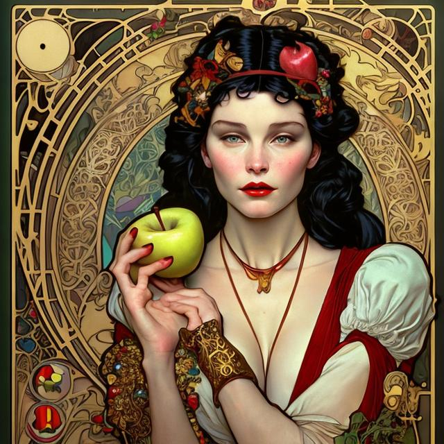 Prompt: snow white and the poison apple by alphonse mucha and gustav klimt and casey weldon and wlop : : ornate, masterpiece, rich colors, intricate, elegant, highly detailed, vogue art, fashion magazine, smooth, sharp focus, 8 k, octane render