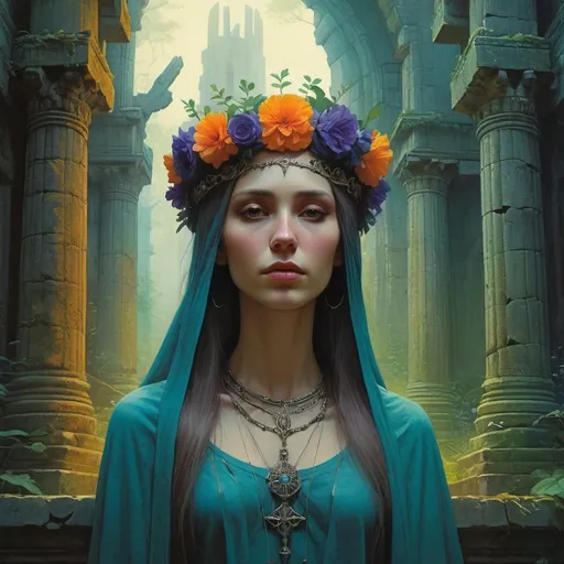 Prompt: close up of a lonely priestess with a flower crown among palatial ruins of a forest temple cathedral, dreamy, pagan, dark fantasy, animated style, mysterious, masterpiece painting, jewel colors, detailed, Beksinski