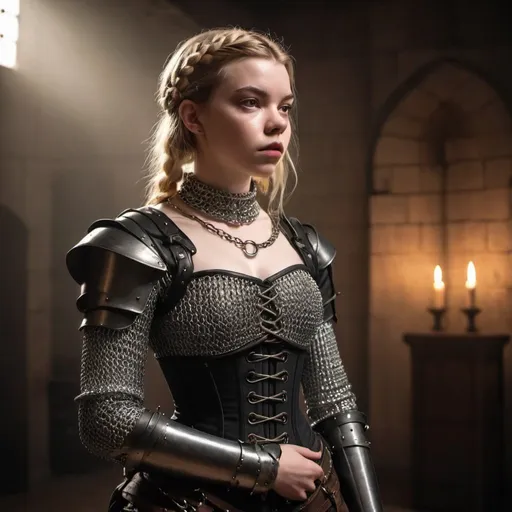 Prompt: woman in modern knightcore outfit, renaissance outfit, ranger, punk, body in action post, chain mail, corset, joan of arc, resembles anya taylor-joy, beautiful, dramatic lighting