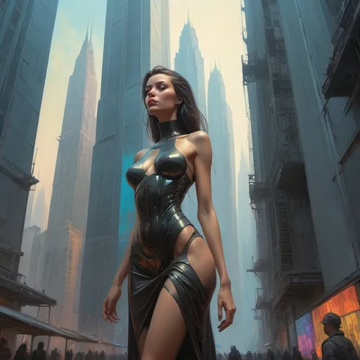 Prompt: 50ft tall woman among skyscrapers with a tiny figure next to her, retrofuturistic clothing, cyberpunk, bright neon colors, An incredibly ethereal world in style of Beksinski, harpers bazaar
and H.R. Giger. insist artstation, art by stanley artgerm, painting by daniel f gerhartz, art by Andrew Atroshenk