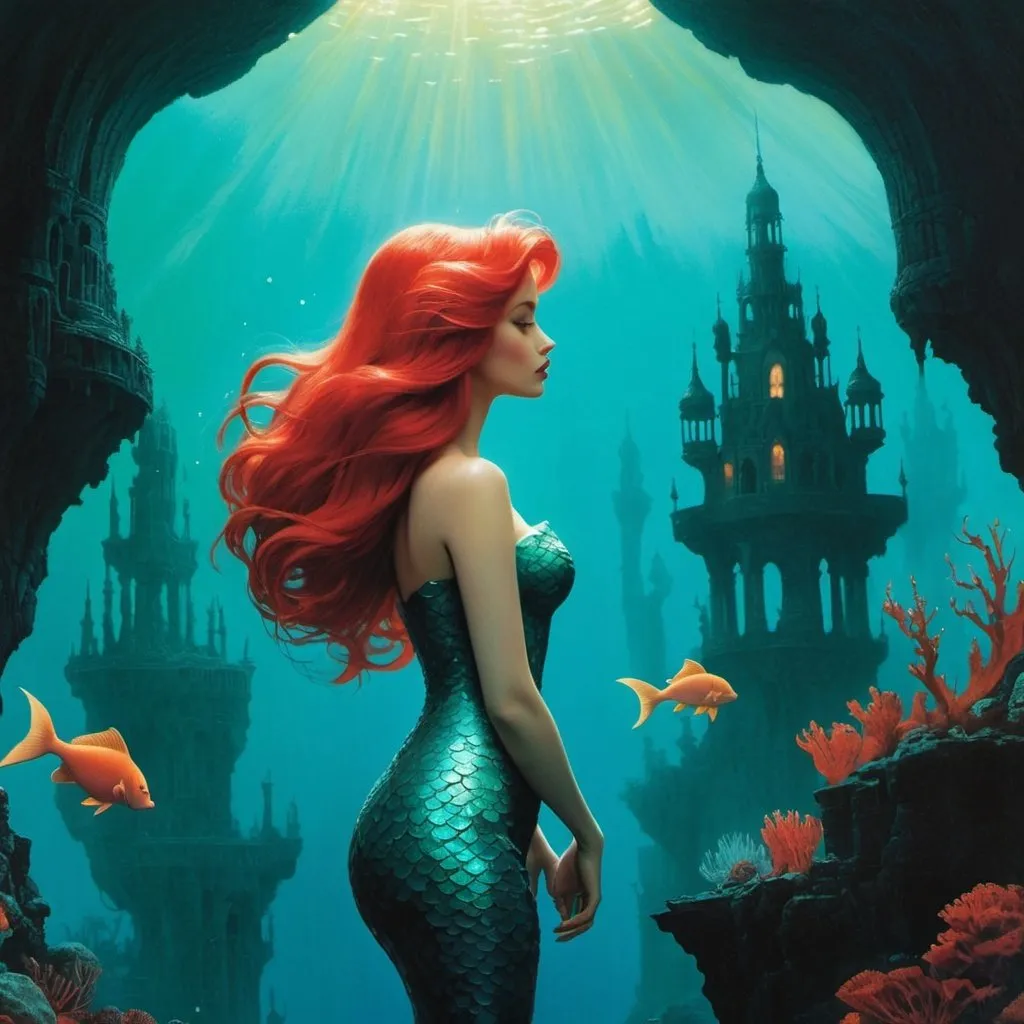 Prompt: the little mermaid ariel in the world of of Beksinski, harpers bazaar, close up