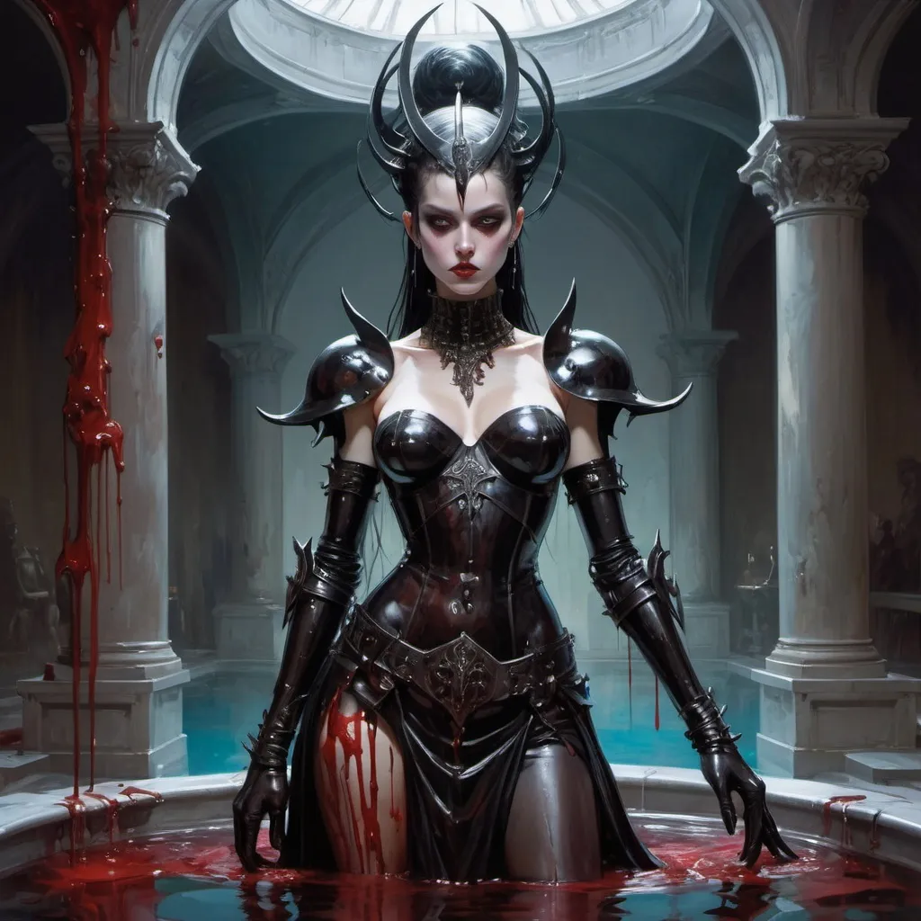 Prompt: dark witch in leather armor standing in a pool of blood, harpers bazaar, Art by Jock, pino daeni , art by lois van baarle and loish and ross tran , Charles Vess, Chiho Aoshima , Kay Nielsen, dark ambient, chiaroscuro, Simon Bisley, and H.R. Giger. insist artstation, art by stanley artgerm, painting by daniel f gerhartz, art by Andrew Atroshenko,