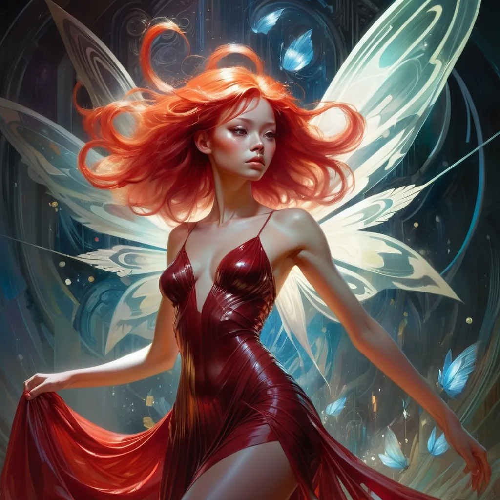 Prompt: redheaded fairy with wispy transparent red dress, organic shapes, unique universe, concept art, primary color hues, magical world, bright uplifting tones, dynamic lighting, professional, highres, ultra-detailed, afro-futurism, Art by Jock, pino daeni , art by lois van baarle and loish and ross tran , Charles Vess, Chiho Aoshima , Kay Nielsen, dark ambient, chiaroscuro, Simon Bisley, and H.R. Giger. insist artstation, art by stanley artgerm, painting by daniel f gerhartz, art by Andrew Atroshenko,