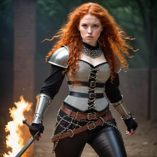 Prompt: woman in modern knightcore outfit, renaissance outfit with pants, ranger, punk, athletic action shot, chain mail, corset, joan of arc, resembles princess Merida, beautiful, dramatic lighting