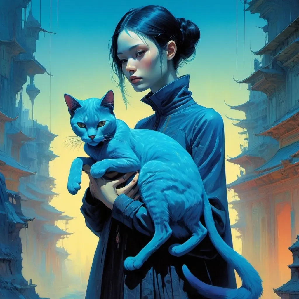 Prompt: woman holding a blue cat, retrofuturistic clothing, cyberpunk, bright neon colors, An incredibly ethereal world in style of Beksinski, harpers bazaar
atey ghailan, Art by Jock,  pino daeni , art by lois van baarle and loish and ross tran , Charles Vess, Chiho Aoshima , Kay Nielsen, 