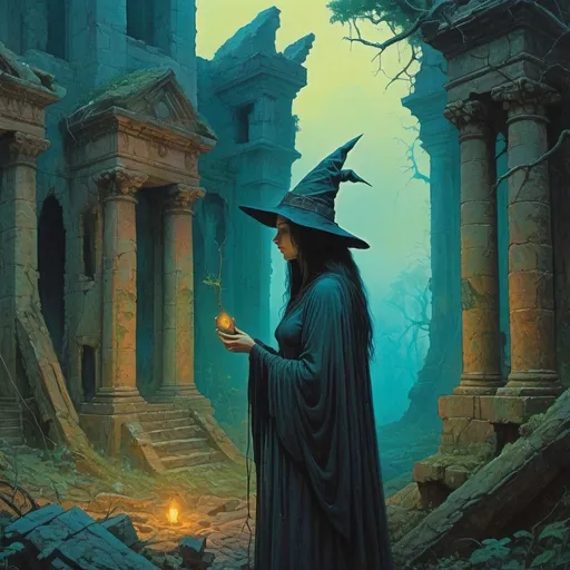 Prompt: close up of a lonely herbalist witch among palatial ruins of a forest, dreamy, dark fantasy, animated style, mysterious, masterpiece painting, jewel colors, detailed, Beksinski