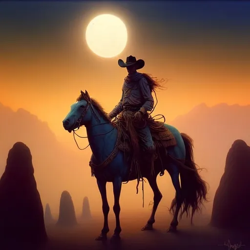 Prompt: cowboy in the desert, high quality, in the style Michael Whelan, Beksinski, highres, fantasy, ethereal lighting, enchanting atmosphere, dreamlike, surreal, whimsical, mystical setting, fairytale, vibrant colors, soft moonlight, illustration