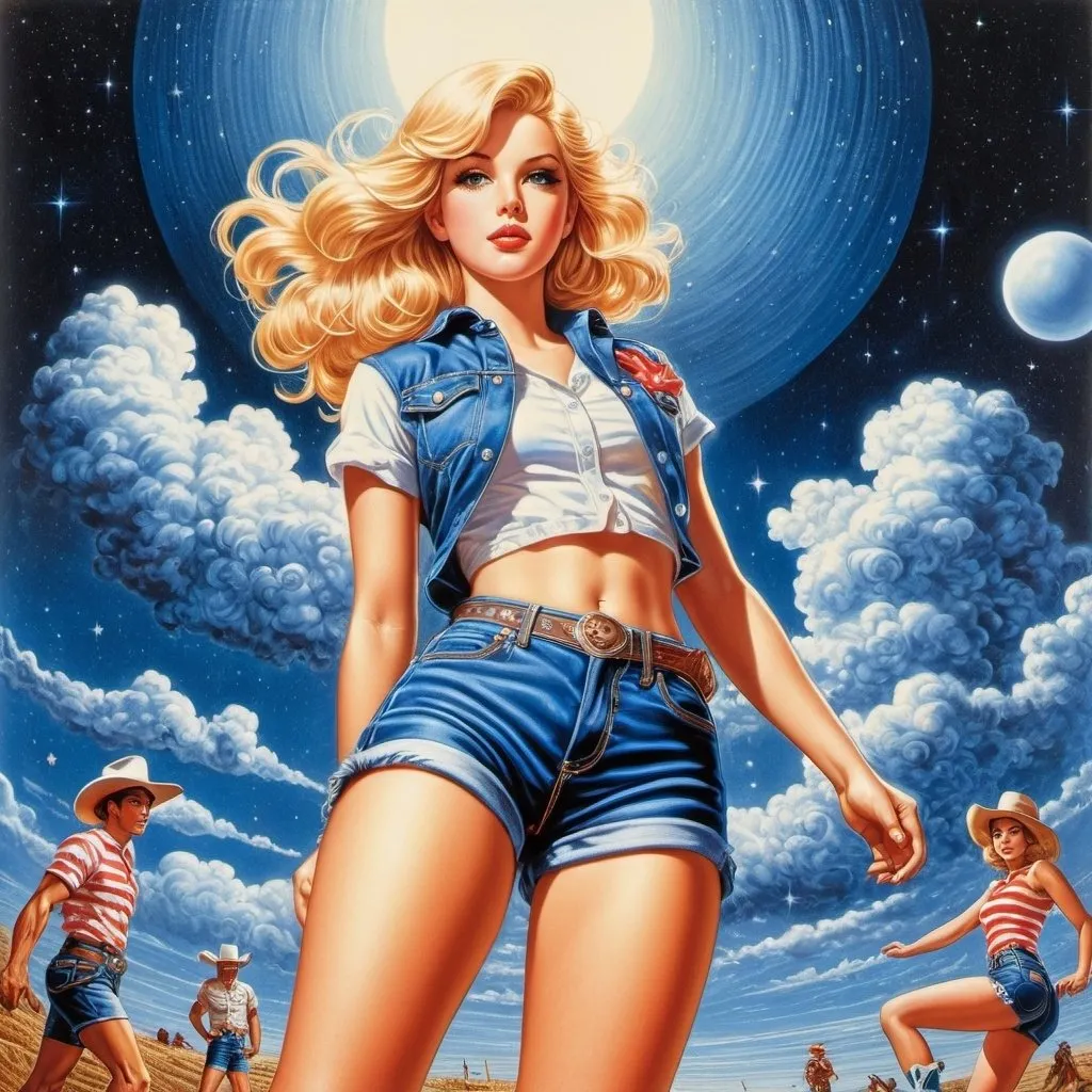 Prompt: Virgil Finlay, Tsubaki Nekoi, Vasanti Unka, Hiroshi Masumura, Chiho Saito, Surrealism, wonder, blonde american girl in jean shorts and cowboy boots, detailed masterpiece low high angles perspectives, lana del rey, red white and blue, full body pinup