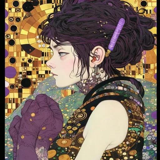 Prompt: beautiful adult punk woman with wide set eyes and purple Mohawk, style of studio ghibli, gustav klimt