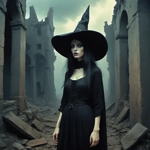 Prompt: beautiful but terrible female witch in the world of of Beksinski, harpers bazaar, lost city in ruins, ireland