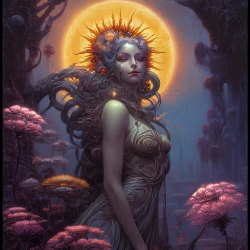 Prompt: painting of sun goddess, high quality, in the style Gerald Brom, moonlit flowers, highres, fantasy, ethereal lighting, detailed nature, enchanting atmosphere, glowing flora, dreamlike, surreal, whimsical, mystical setting, fairytale, vibrant colors, soft moonlight, illustration