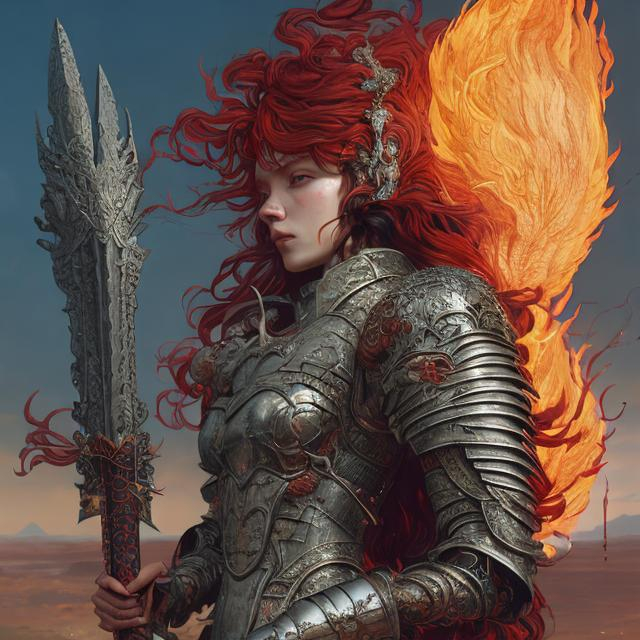 Prompt: long haired woman in heavy armor and a fiery sword, by martine johanna and simon stalenhag and chie yoshii and casey weldon and wlop : : ornate, dynamic, particulate, rich colors, intricate, elegant, highly detailed, harper's bazaar art, fashion magazine, smooth, sharp focus, 8 k, octane render