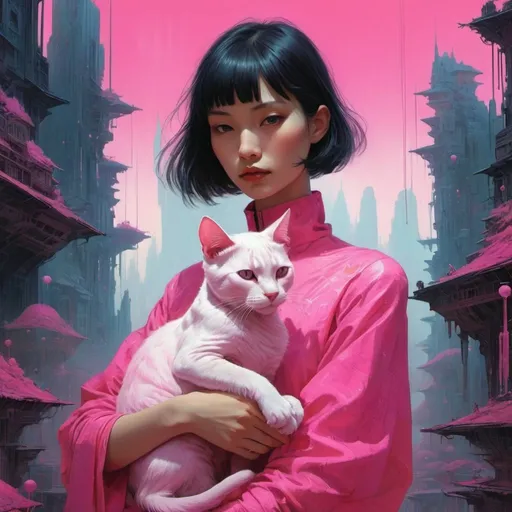 Prompt: woman holding a pink cat, retrofuturistic clothing, cyberpunk, bright neon colors, An incredibly ethereal world in style of Beksinski, harpers bazaar
atey ghailan, Art by Jock,  pino daeni , art by lois van baarle and loish and ross tran , Charles Vess, Chiho Aoshima , Kay Nielsen, 