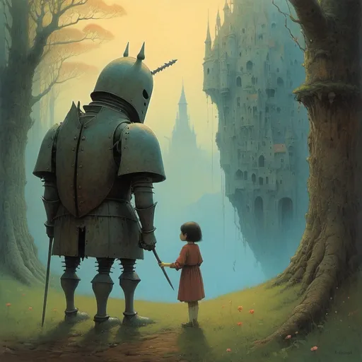 Prompt: storybook knight, romantic, dreamy, studio ghibli , Beksinski