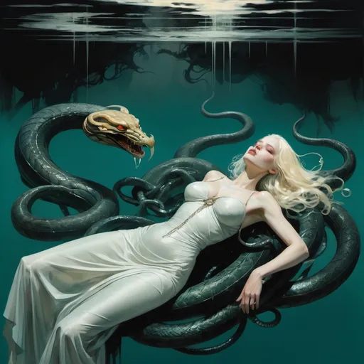 Prompt: blonde woman floating on her back  in a dark lake teeming with serpents her dress floating around her, harpers bazaar, orange and teal colors, Art by Jock, pino daeni , art by lois van baarle and loish and ross tran , Charles Vess, Chiho Aoshima , Kay Nielsen, dark ambient, chiaroscuro, Simon Bisley, and H.R. Giger. insist artstation, art by stanley artgerm, painting by daniel f gerhartz, art by Andrew Atroshenko,