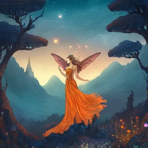 Prompt: close up of beautiful flying woman with trailing dress, Mountain with glowing river, in the style of William Morris, magical creatures, fireflies, moonlit flowers, highres, fantasy, ethereal lighting, detailed nature, mystical, moonlit river, enchanting atmosphere, glowing flora, serene, dreamlike, fantasy creatures, moonlit scene, magical beings, surreal, whimsical, illuminated hill, mystical setting, moonlit landscape, fairytale, vibrant colors, soft moonlight, illustration, photograph, blue and orange colors