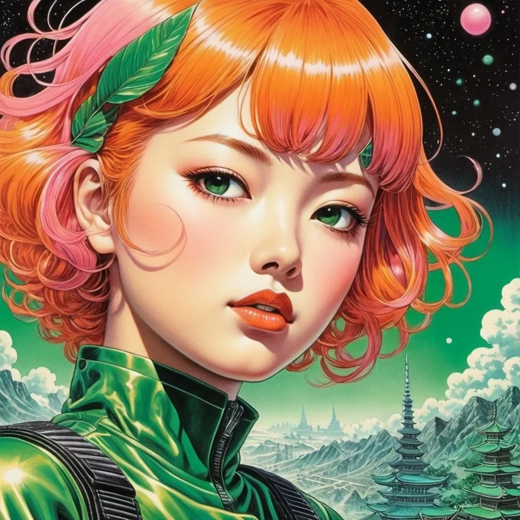 Prompt: Virgil Finlay, Tsubaki Nekoi, Vasanti Unka, Hiroshi Masumura, Chiho Saito, Surrealism, wonder, strange, bizarre, fantasy, Sci-fi, Japanese anime, cyberpunk superhero, orange hair, detailed masterpiece low high angles perspectives, pink and green colors