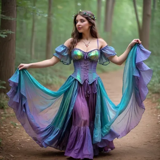 Prompt: fairy Renaissance fair outfit, gauzy and iridescent fabric, iridescent billowing layered gypsy dress and cinched corset, flowy sleeves, shiny translucent iridescent purple green and blue
