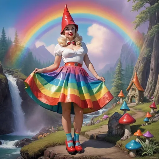 Prompt: pinup female gnome, high quality, Keith Parkinson, highres, iridescent skirt, 1950s, vintage, rainbow, dreamlike, surreal, whimsical, mystical setting, fairytale, vibrant colors