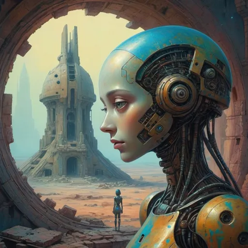 Prompt: close up of lonely robot girl staring at the camera among palatial ruins of a spaceship, dreamy, dark fantasy, animated style, mysterious, masterpiece painting, jewel colors, detailed, Beksinski