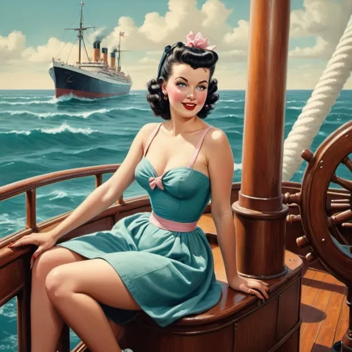 Prompt: pinup woman on a ship, high quality, Keith Parkinson, highres, 1950s, beachy, vintage, dreamlike, surreal, whimsical, mystical setting, fairytale, vibrant colors