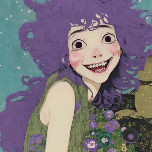Prompt: beautiful laughing adult punk woman with wild purple hair, style of studio ghibli, gustav klimt, pixar, high quality, realistic, photo realistic