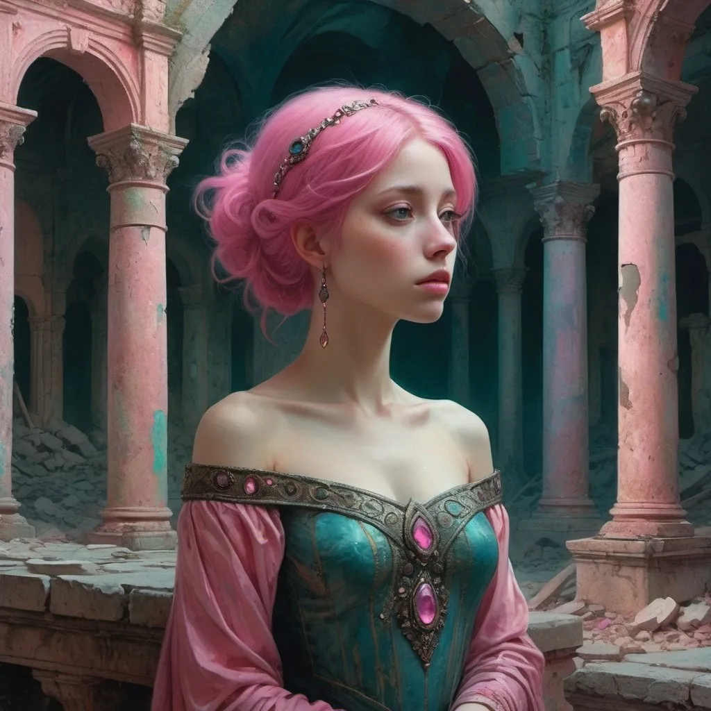 Prompt: close up of lonely princess with pink hair among palatial ruins, dreamy, dark fantasy, animated style, mysterious, masterpiece painting, jewel colors, detailed, Beksinski