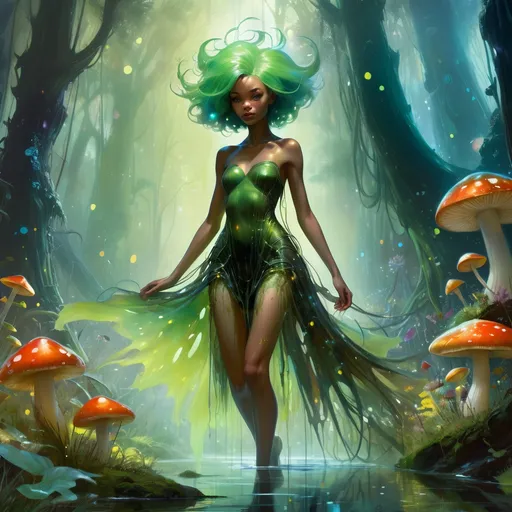 Prompt: fairy with wispy transparent moss dress, green knee length hair, organic shapes, unique universe, concept art, primary color hues, green mushroom forest, flower fairy lights, underwater, magical world, bright uplifting tones, dynamic lighting, professional, highres, ultra-detailed, afro-futurism, Art by Jock, pino daeni , art by lois van baarle and loish and ross tran , Charles Vess, Chiho Aoshima , Kay Nielsen, dark ambient, chiaroscuro, Simon Bisley, and H.R. Giger. insist artstation, art by stanley artgerm, painting by daniel f gerhartz, art by Andrew Atroshenko,