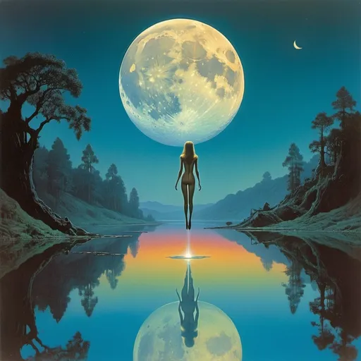 Prompt: 70s psychedelic collage, woman with long legs floating over a still lake, reflecting moon light, ethereal, alien beauty, Michael Whelan, Beksinski, 