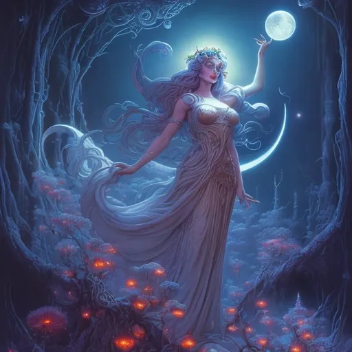 Prompt: painting of moon goddess, high quality, in the style Michael Whelan, moonlit flowers, highres, fantasy, ethereal lighting, enchanting atmosphere, dreamlike, surreal, whimsical, mystical setting, fairytale, vibrant colors, soft moonlight, illustration