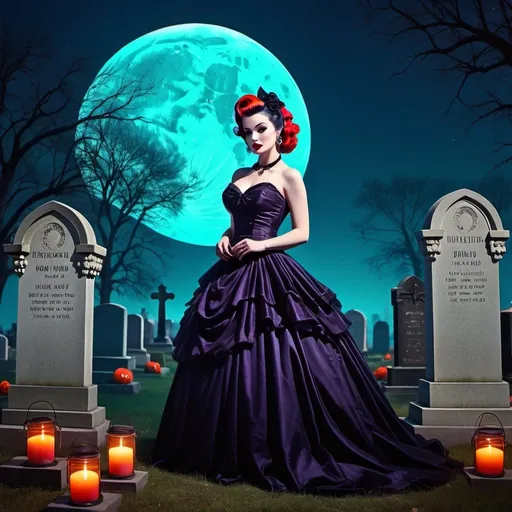 Prompt: pinup goth bride, moonlit cemetery, high quality, highres, 1950s, vintage, dreamlike, surreal, whimsical, mystical setting, fairytale, vibrant colors