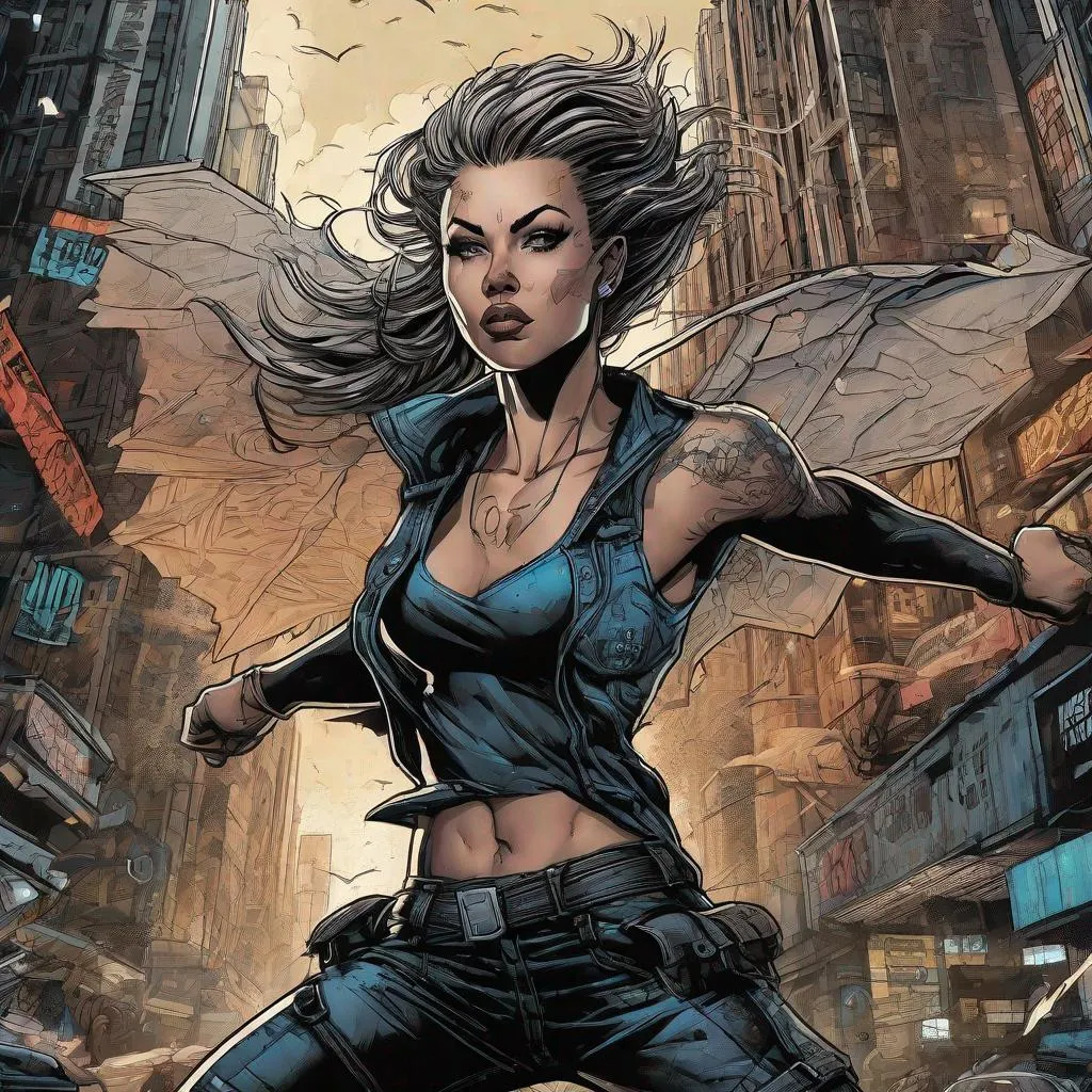 Prompt: female punk superhero flying in a dark city, detailed face, tattoos, tank top, Dan Mumford, Brock Hofer, Neal Adams, Benkyo Tamaoki, trending on artstation