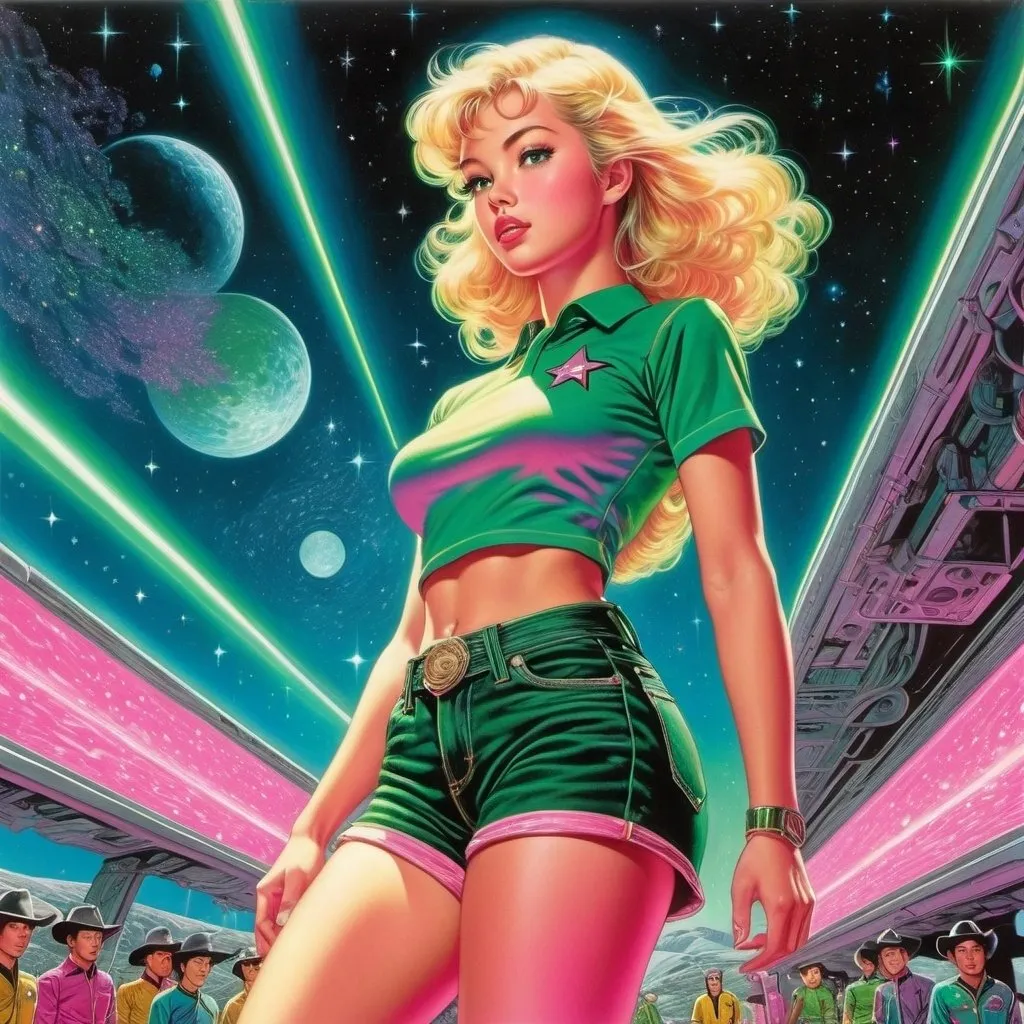 Prompt: Virgil Finlay, Tsubaki Nekoi, Vasanti Unka, Hiroshi Masumura, Chiho Saito, Surrealism, wonder, blonde american girl in jean shorts and cowboy boots, detailed masterpiece low high angles perspectives, star trek, glowing neon, pink and green colors