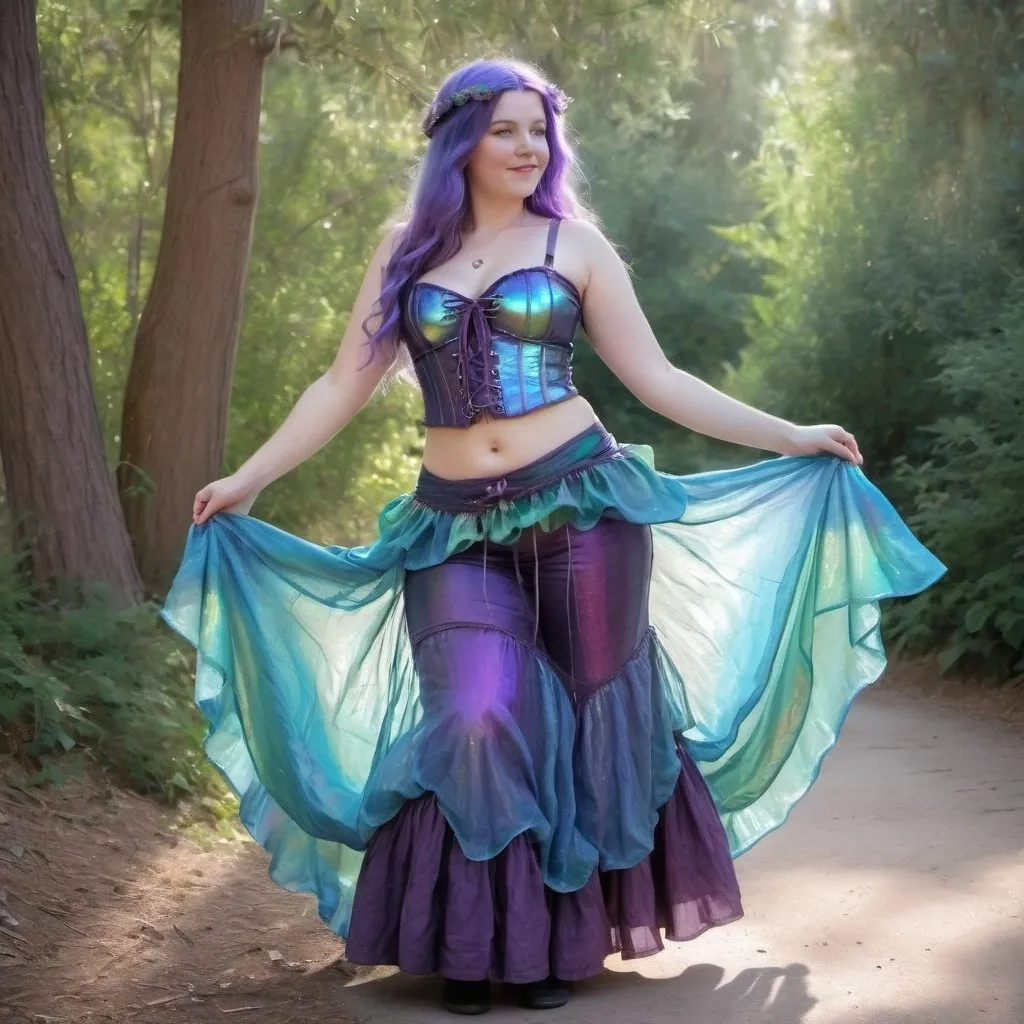 Prompt: elf fairy mermaid Renaissance fair outfit, gauzy and iridescent fabric, iridescent billowing layered gypsy peasant skirt and cinched corset, shiny translucent iridescent purple green and blue
