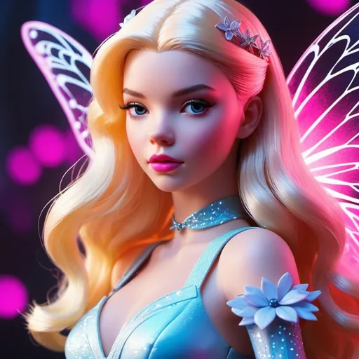 Prompt: Anya Taylor-Joy as fairy barbie doll, plastic skin, dramatic action, full body, detailed, highest quality, masterpiece, style of Marvel Comics, in the style of flora borsi, ilya kuvshinov, cold and detached atmosphere
