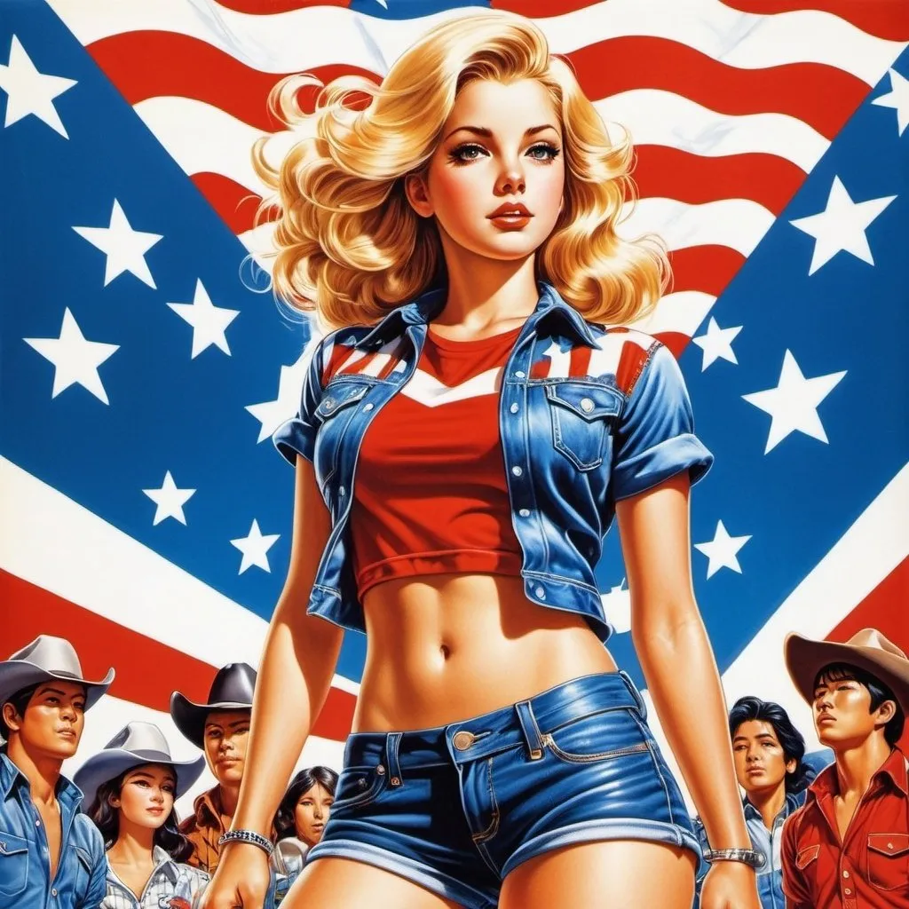 Prompt: Virgil Finlay, Tsubaki Nekoi, Vasanti Unka, Hiroshi Masumura, Chiho Saito, blonde american girl in jean shorts and cowboy boots, detailed masterpiece low high angles perspectives, lana del rey, red white and blue, full body pinup