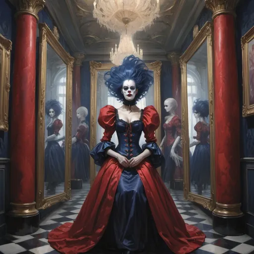 Prompt: gothic Elizabethan clown in a hall of mirrors, circus, harpers bazaar, red and navy colors, Art by Jock, pino daeni , art by lois van baarle and loish and ross tran , Charles Vess, Chiho Aoshima , Kay Nielsen, dark ambient, chiaroscuro, Simon Bisley, and H.R. Giger. insist artstation, art by stanley artgerm, painting by daniel f gerhartz, art by Andrew Atroshenko,