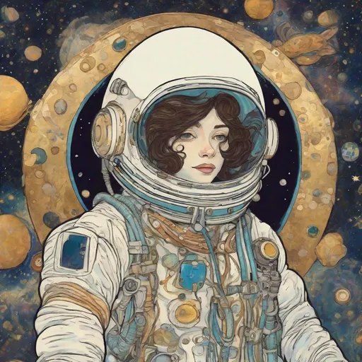 Prompt: astronaut taking her helmet off in space, cartoon style of gustav klimt, mermaid