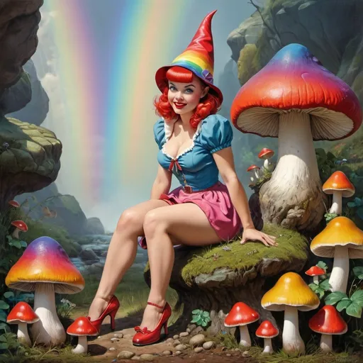 Prompt: pinup female gnome, high quality, Keith Parkinson, highres, 1950s, vintage, rainbow mushrooms, dreamlike, surreal, whimsical, mystical setting, fairytale, vibrant colors