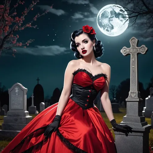 Prompt: pinup goth bride, black and red dress, large eyes crying, moonlit cemetery, high quality, highres, 1950s, vintage, dreamlike, surreal, whimsical, mystical setting, fairytale, vibrant colors