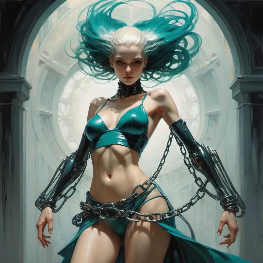 Prompt: woman violently breaking free from shackles, action pose, harpers bazaar, orange and teal colors, Art by Jock, pino daeni , art by lois van baarle and loish and ross tran , Charles Vess, Chiho Aoshima , Kay Nielsen, dark ambient, chiaroscuro, Simon Bisley, and H.R. Giger. insist artstation, art by stanley artgerm, painting by daniel f gerhartz, art by Andrew Atroshenko,