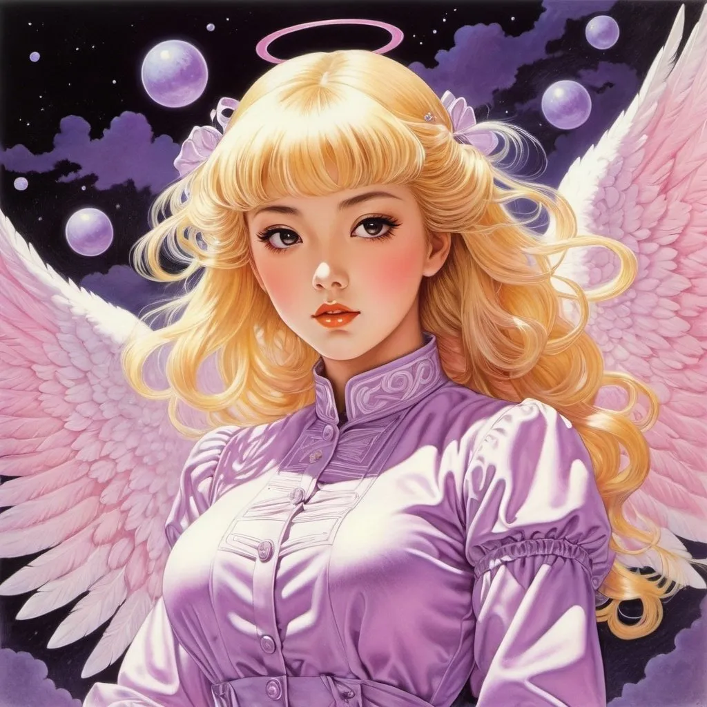 Prompt: Virgil Finlay, Tsubaki Nekoi, Vasanti Unka, Hiroshi Masumura, Chiho Saito, Surrealism, wonder, strange, bizarre, fantasy, Sci-fi, Japanese anime, angel, blonde hair and square jaw, detailed masterpiece low high angles perspectives, pink and light purple coloring, lolita fashion