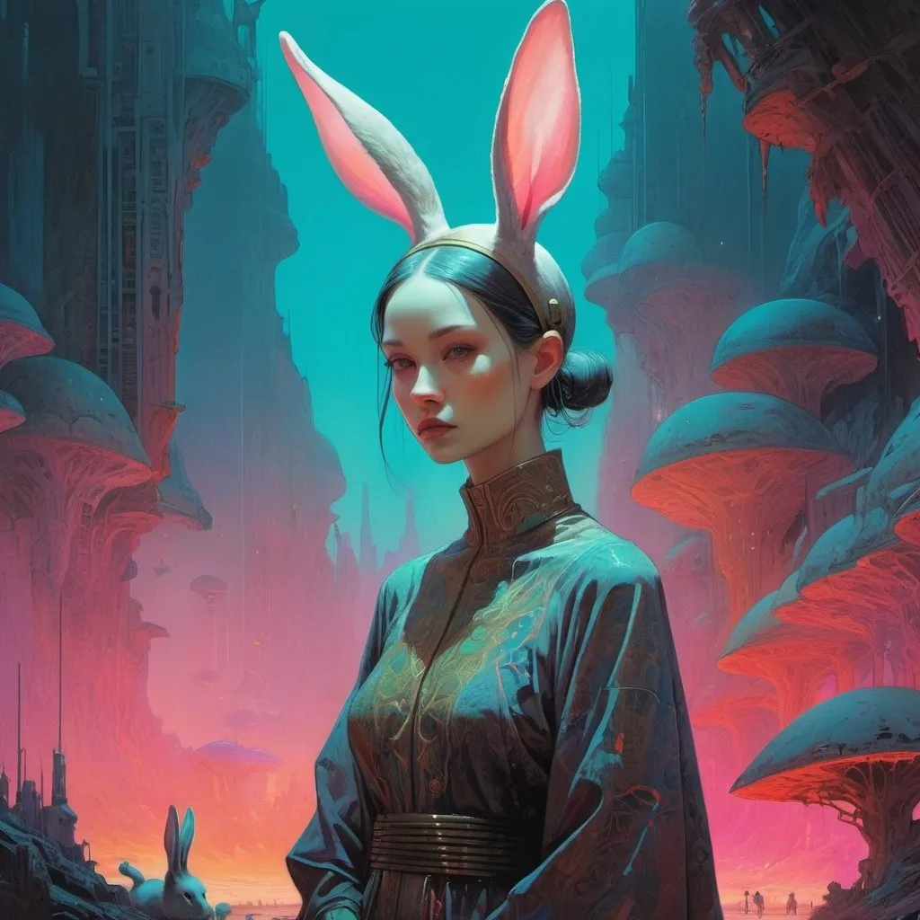 Prompt: woman next to large rabbit, retrofuturistic clothing, cyberpunk, bright neon colors, An incredibly ethereal world in style of Beksinski, harpers bazaar
atey ghailan, Art by Jock,  pino daeni , art by lois van baarle and loish and ross tran , Charles Vess, Chiho Aoshima , Kay Nielsen, 