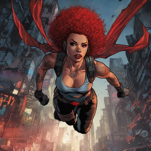 Prompt: female punk superhero flying in a dark city, red afro, detailed face, tattoos, tank top, Dan Mumford, Brock Hofer, Neal Adams, trending on artstation