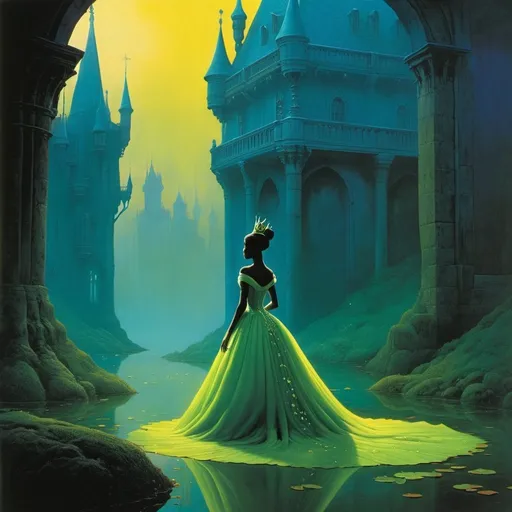 Prompt: princess and the frog in the world of Beksinski, harpers bazaar