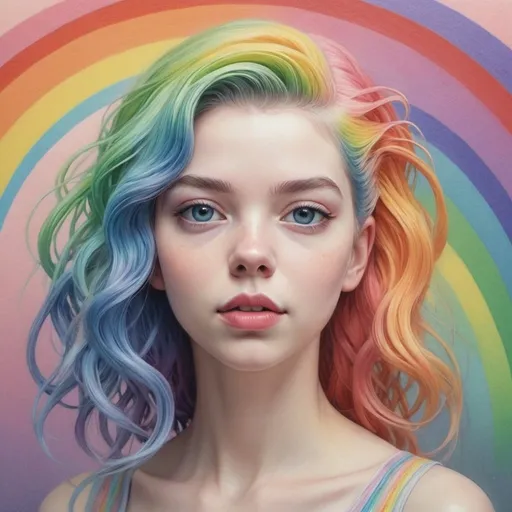 Prompt: Gouache paint painting of a rainbow hair anya taylor joy, pastel color, dreamy, surrealism, abstract painted background with gouache paint strokes, intricate details, 3D rendering, octane rendering . Nicoletta Ceccoli style, Virgil Finlay, Tsubaki Nekoi, Vasanti Unka, Hiroshi Masumura, Chiho Saito,
