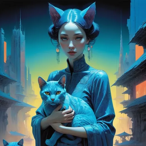 Prompt: woman holding a blue cat, retrofuturistic clothing, cyberpunk, bright neon colors, An incredibly ethereal world in style of Beksinski, harpers bazaar
atey ghailan, Art by Jock,  pino daeni , art by lois van baarle and loish and ross tran , Charles Vess, Chiho Aoshima , Kay Nielsen, 