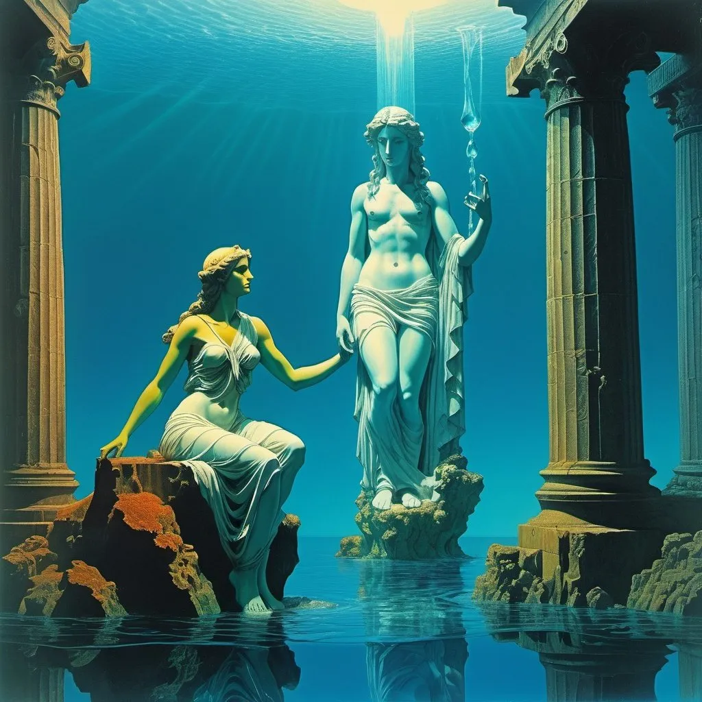 Prompt: 70s psychedelic collage, greek statue of aphrodite half submerged in water, alluring, ethereal, Michael Whelan, Beksinski